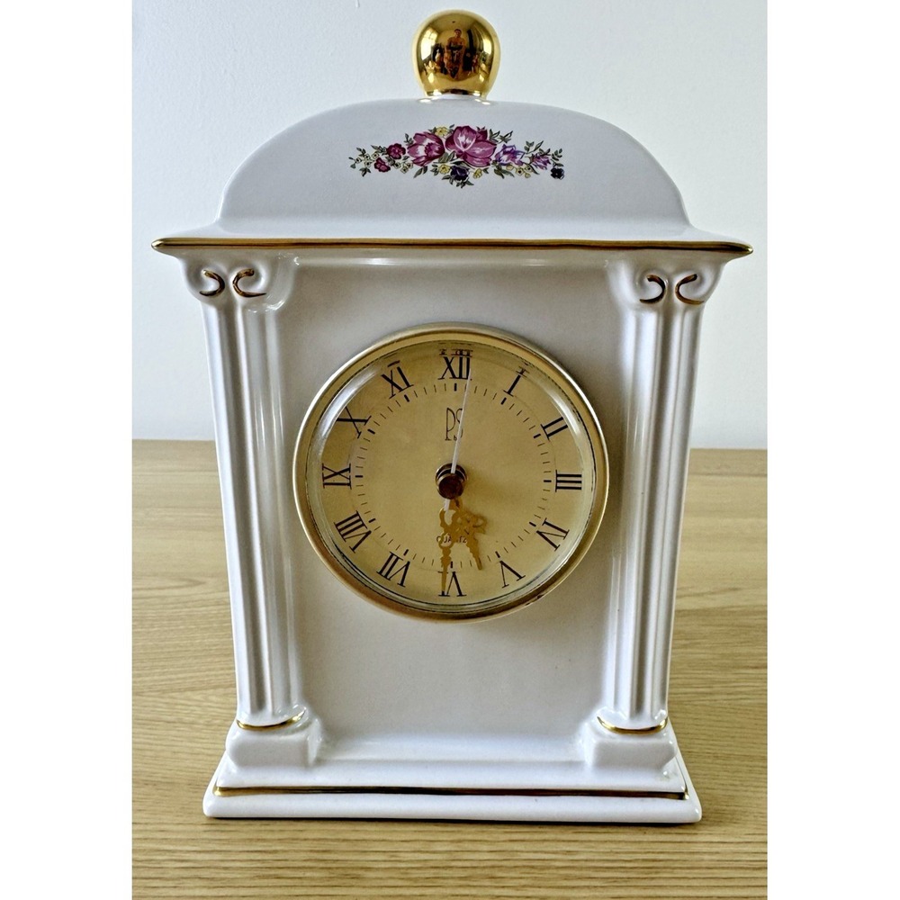 1993 PS Limited Edition Porcelain Mantel Clock‎ Hidden Storage Floral Gold